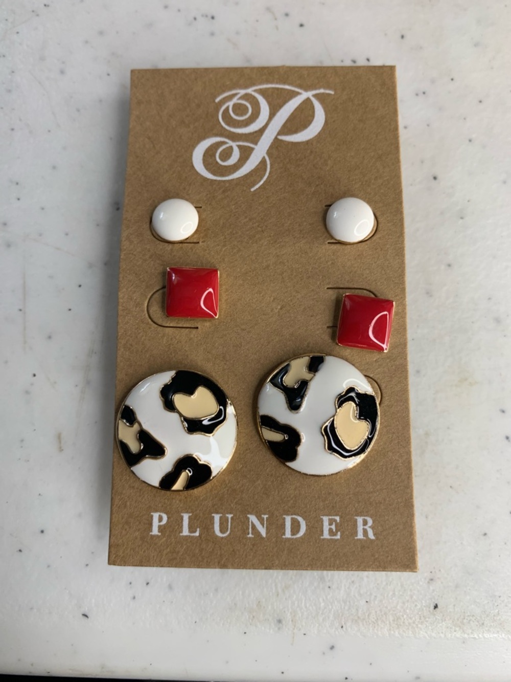 Plunder Kids Triple Earring Set in White, Red, Black & Gold. Set of 2
